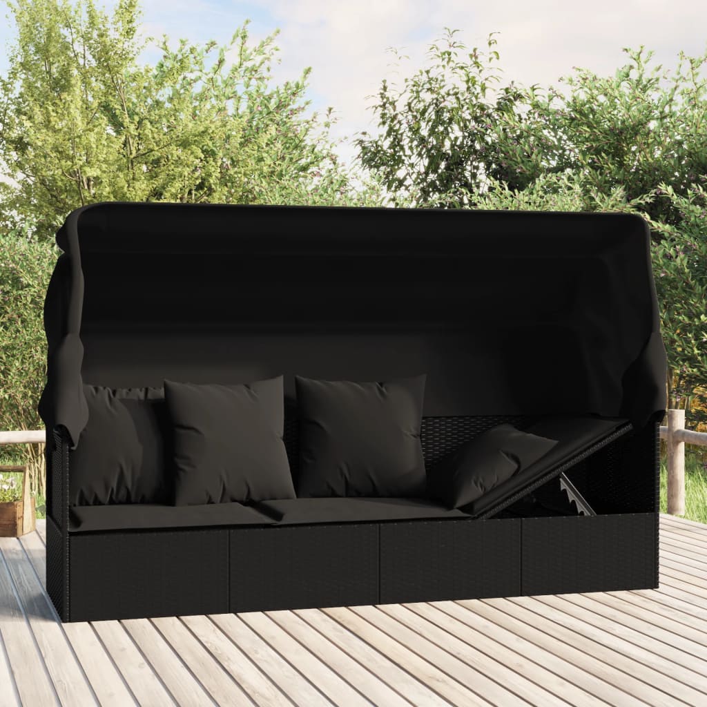 Lettino Prendisole Esterno con Tetto e Cuscini Nero Polyrattan cod mxl 65504