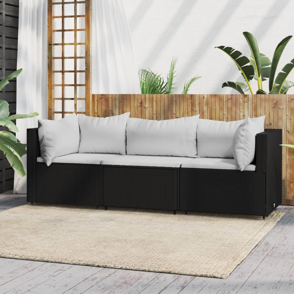 Set Divani da Giardino 3 pz con Cuscini Nero in Polyrattancod mxl 130064