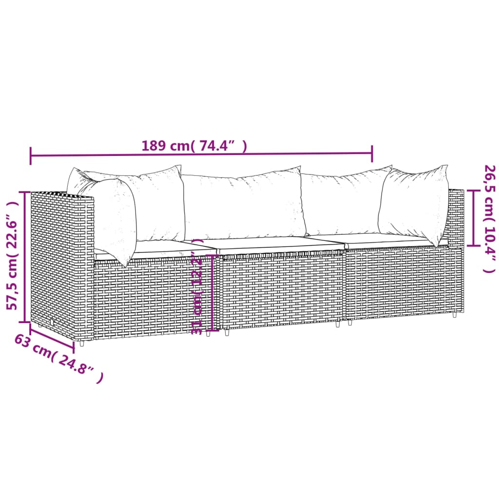 Set Divani da Giardino 3 pz con Cuscini in Polyrattan Grigio 319766