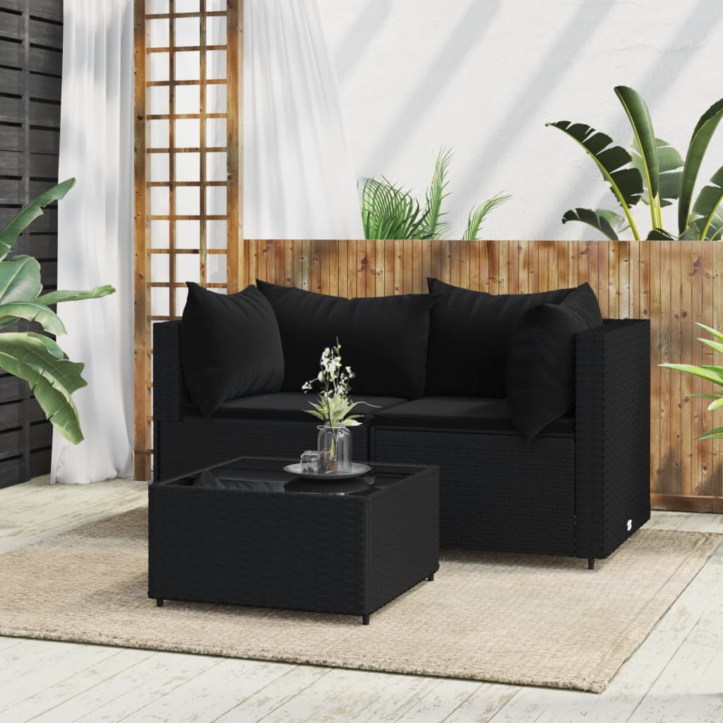 Set Divani da Giardino 3 pz con Cuscini Nero in Polyrattancod mxl 82188