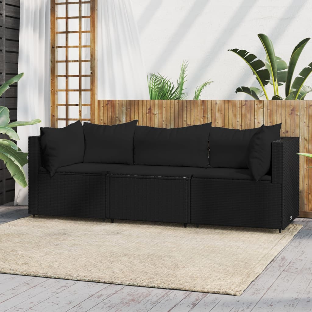 Set Divani da Giardino 3 pz con Cuscini Nero in Polyrattan 319782