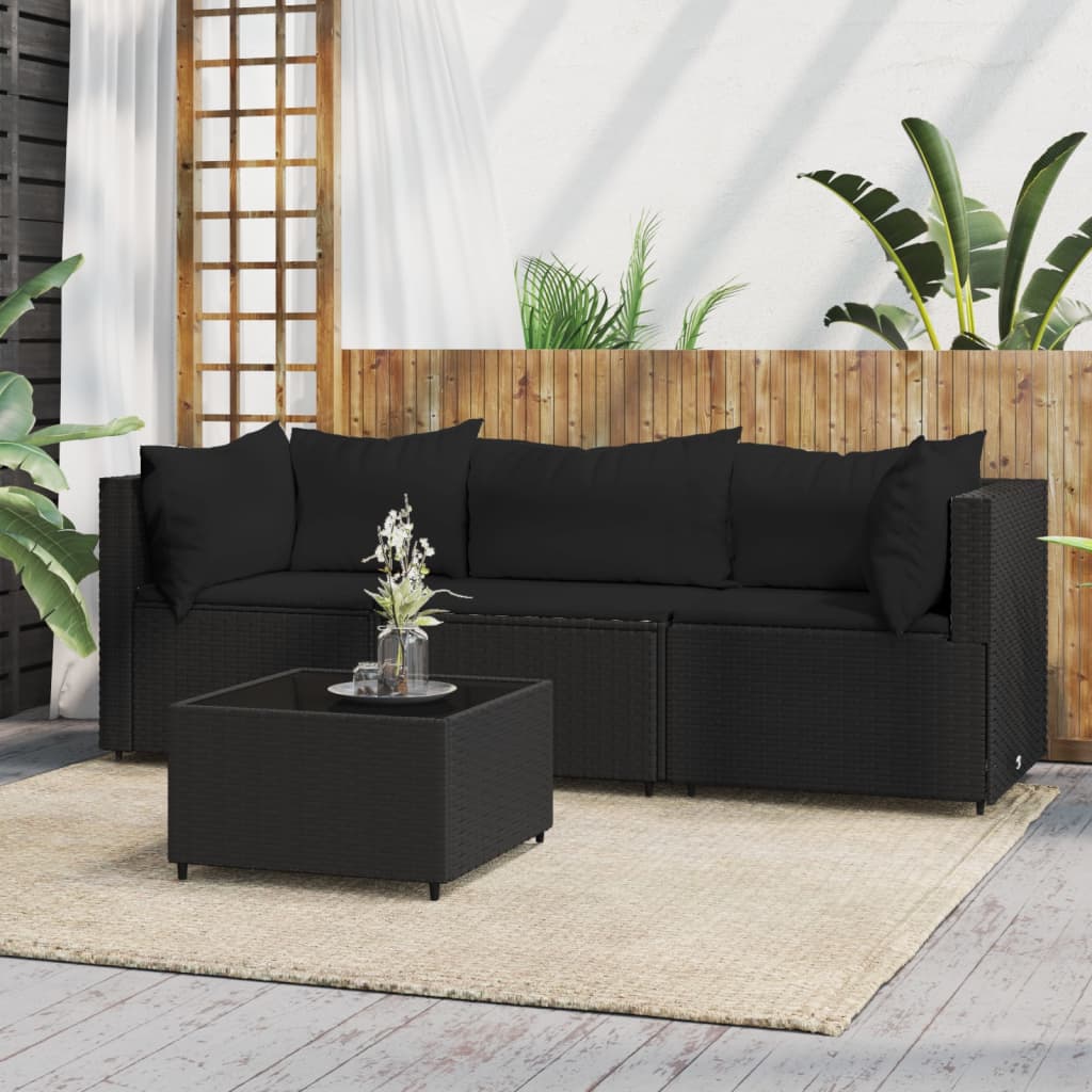 Set Divani da Giardino 4 pz con Cuscini Nero in Polyrattan 319783