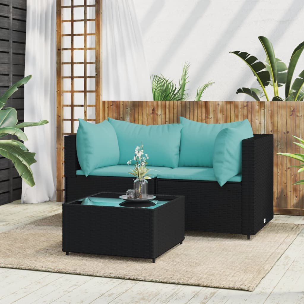 Set Divani da Giardino 3 pz con Cuscini Nero in Polyrattancod mxl 130065