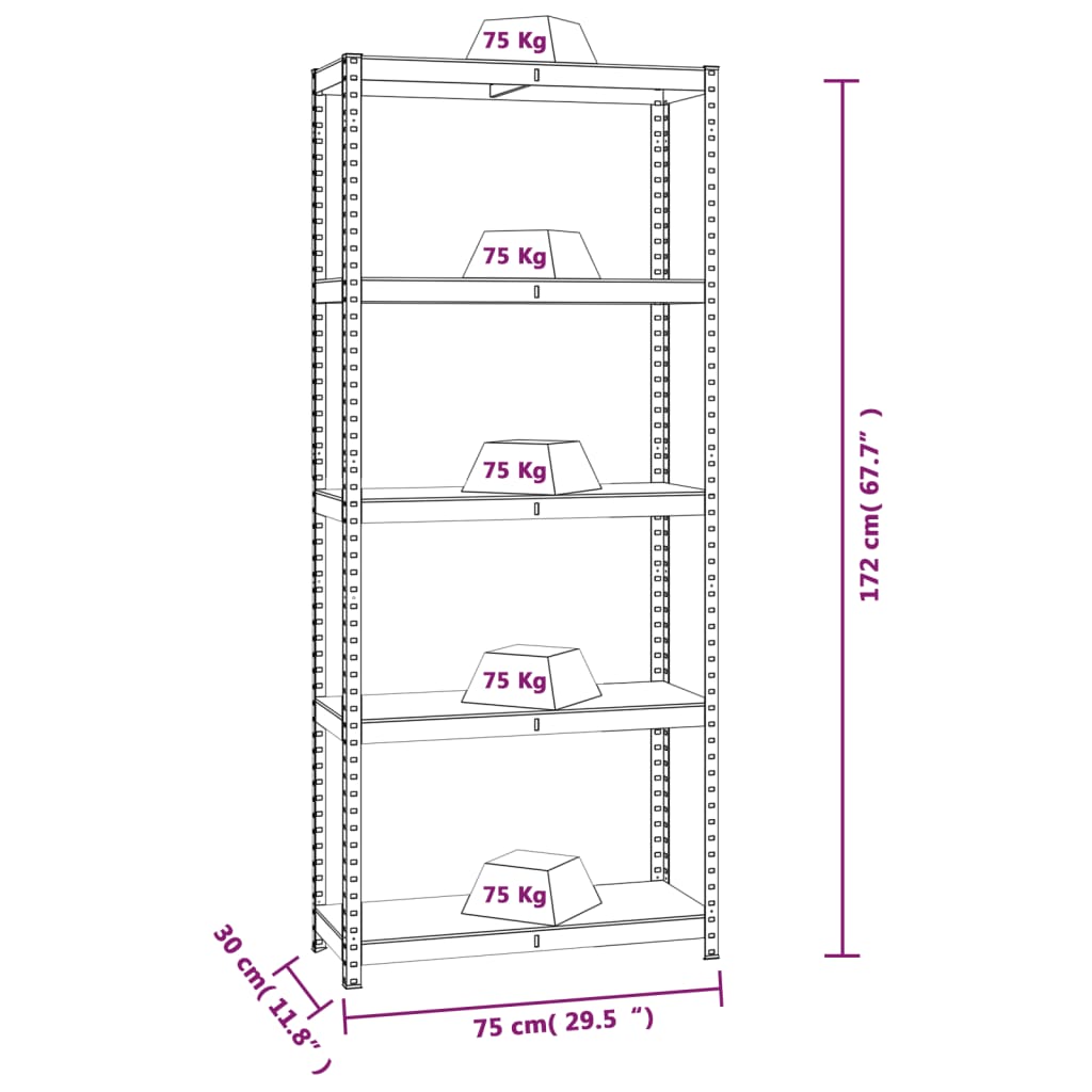 Scaffali 5 Ripiani 2 pz Argento in Acciaio e Legno Multistrato cod mxl 46701