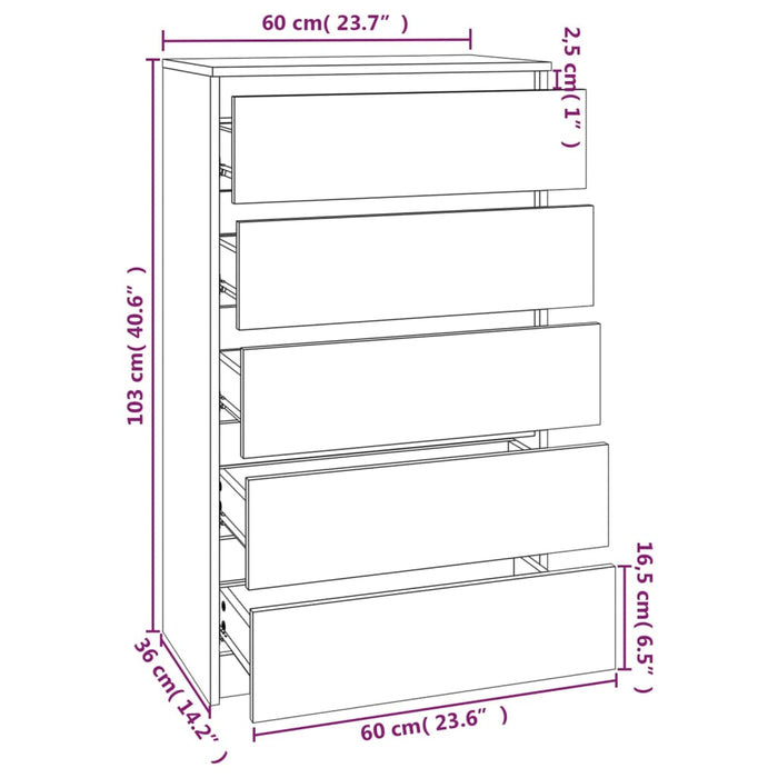 Cassettiera Rovere Marrone 60x36x103 cm in Legno Multistrato 823023