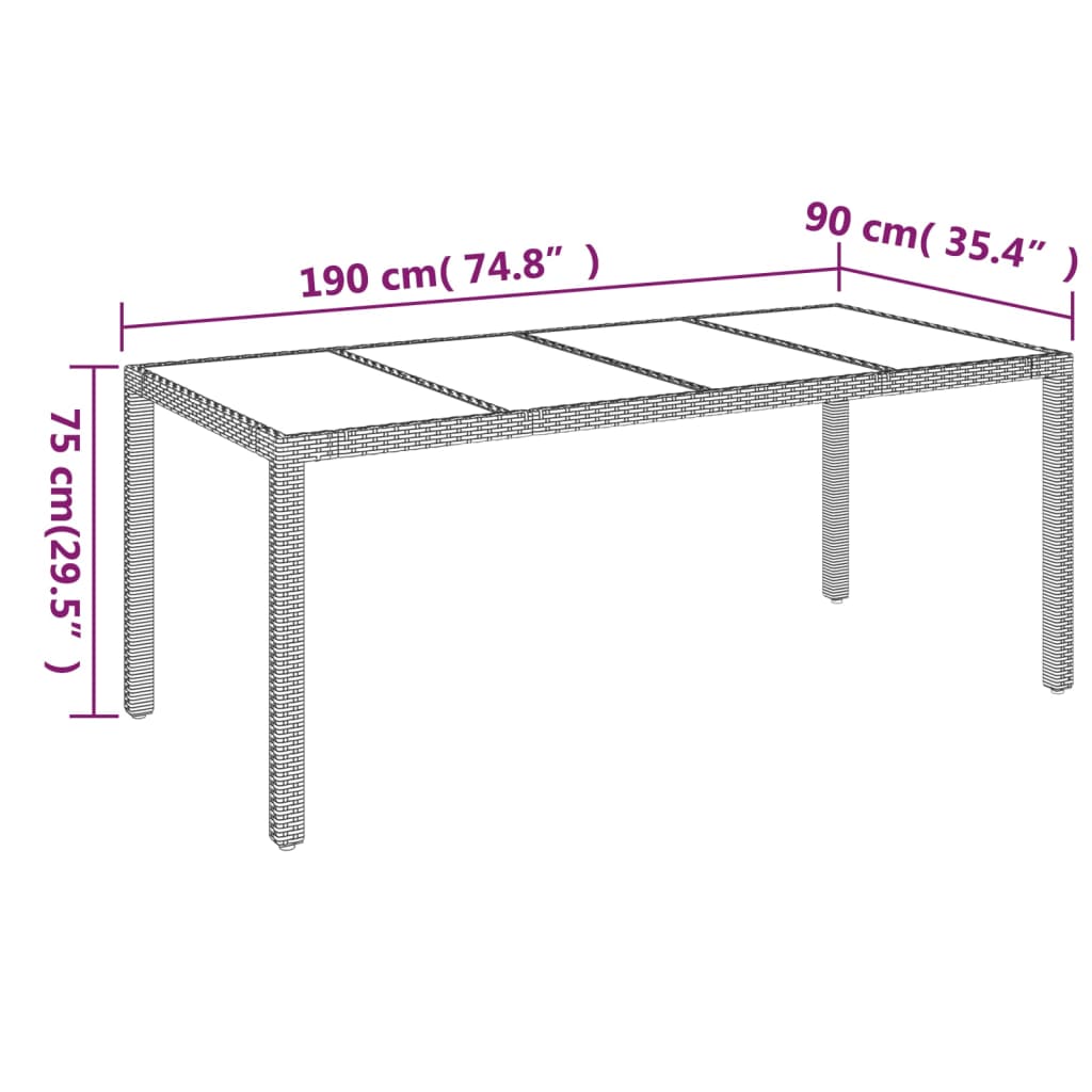 Tavolo da Giardino Piano in Vetro Grigio 190x90x75cm Polyrattan cod mxl 34367