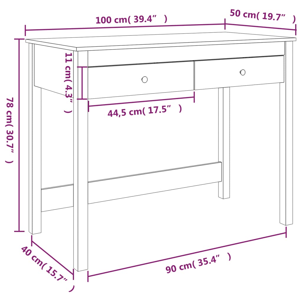 Scrivania con Cassetti Bianca 100x50x78 cm Legno Massello Pino 824644