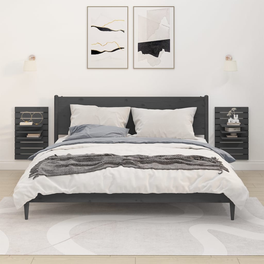 Mensole da Letto a Parete 2 pz Grigio Legno Massello di Pino 824765