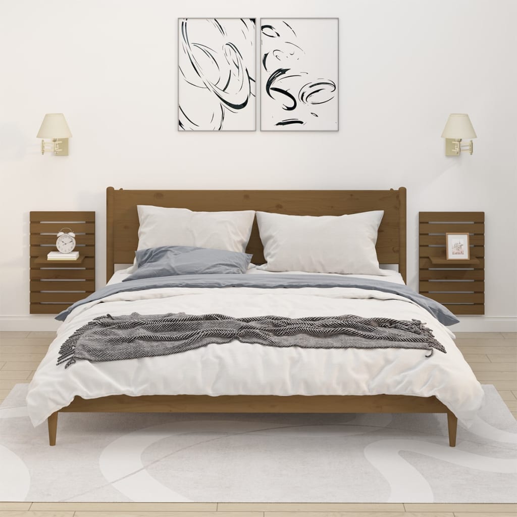 Mensole da Letto a Parete 2 pz Miele Legno Massello di Pino cod mxl 32901