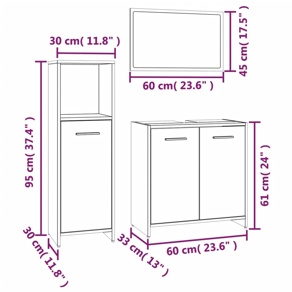 Set Mobili da Bagno 3 pz Rovere Fumo in Legno Multistrato cod mxl 31397