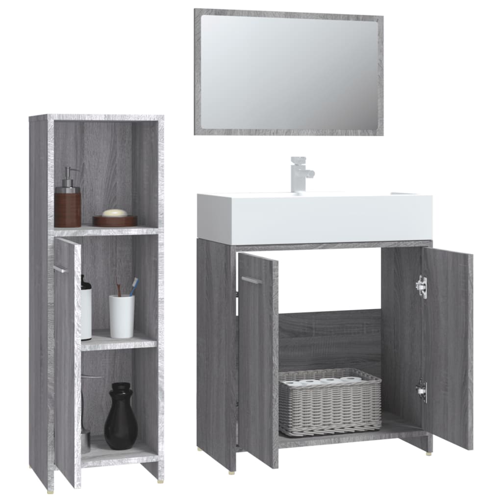 Set Mobili da Bagno 3 pz Grigio Sonoma in Legno Multistrato 3154407