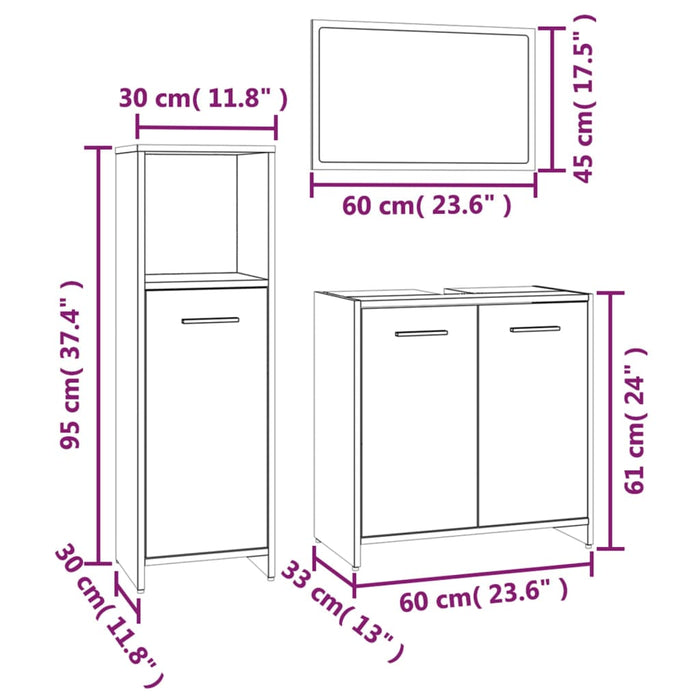 Set Mobili da Bagno 3 pz Rovere Marrone in Legno Multistrato cod mxl 18660