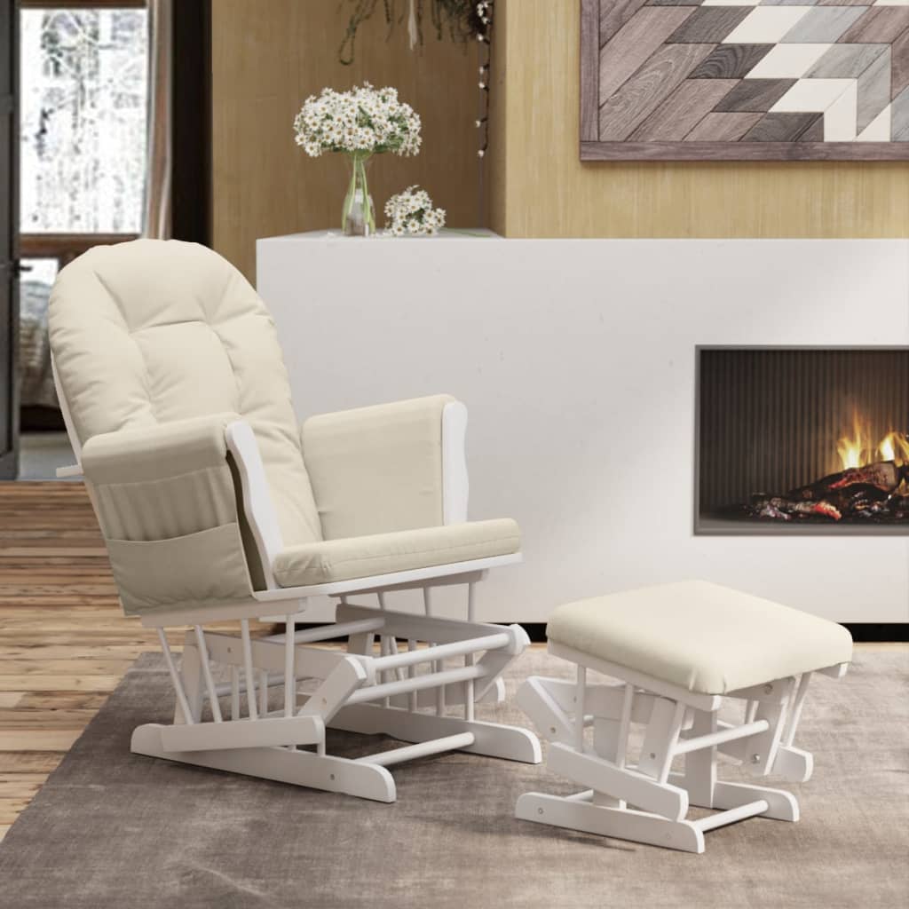 Poltrona Glider con Sgabello Bianco Crema in Tessuto 351663