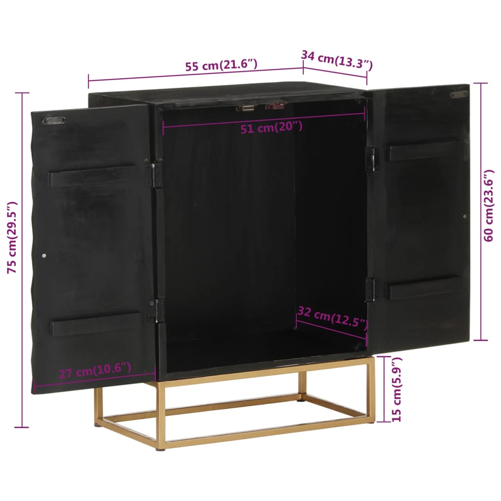 Credenza Nera 55x34x75 cm in Legno Massello di Mango e Ferro 351679