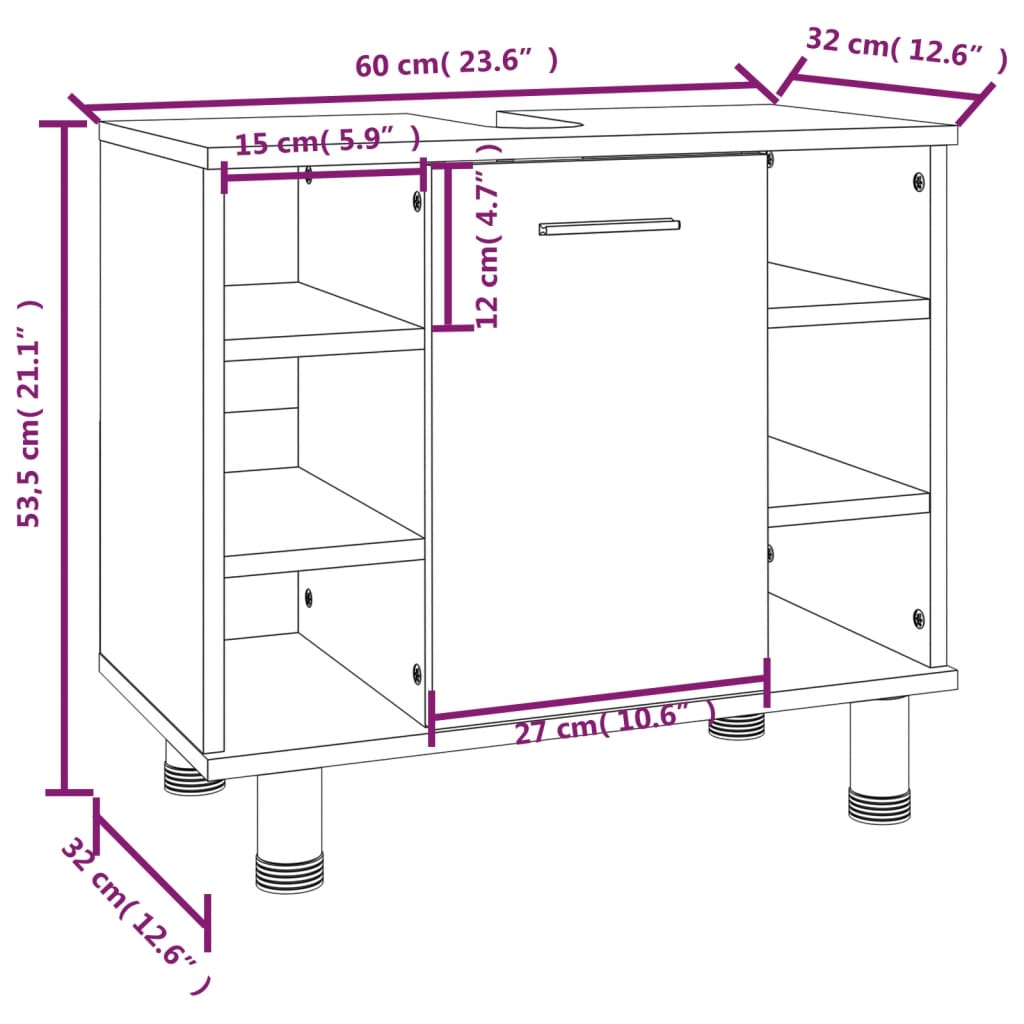 Armadietto Bagno Rovere Fumo 60x32x53,5 cm in Legno Multistrato