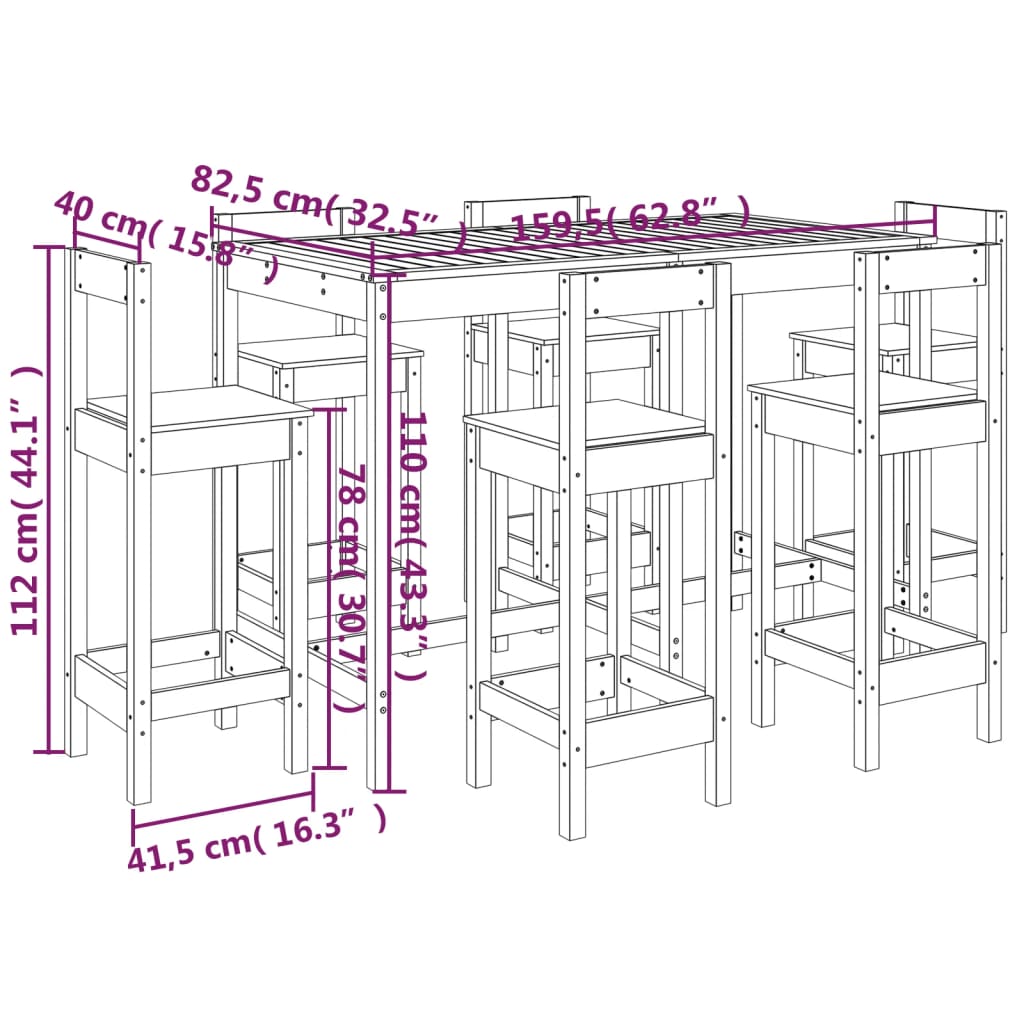 Set Bar da Giardino 7 pz Nero in Legno Massello di Pino 3154764