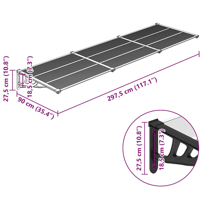 Tettoia per Porta Nero e Trasparente 297,5x90 cm Policarbonato 153687
