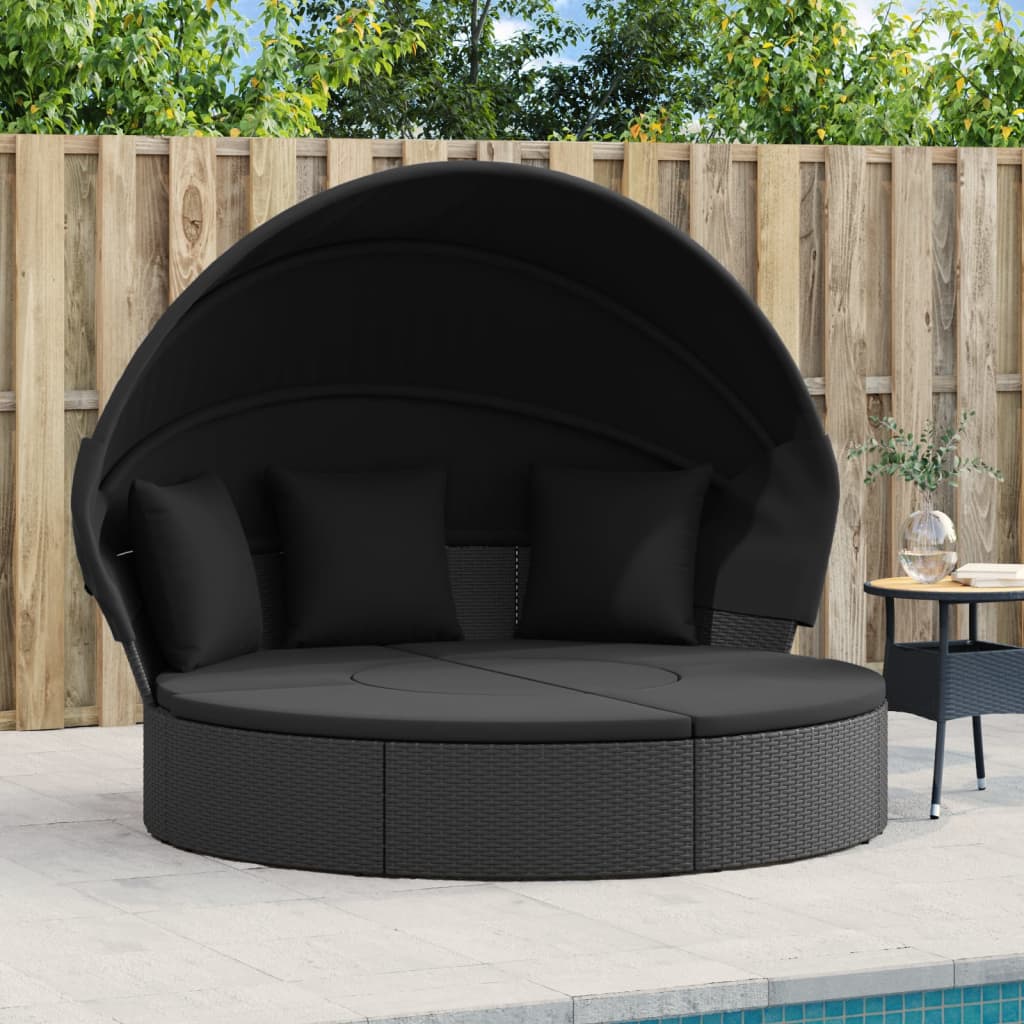 Lettino Prendisole Esterno Tetto e Cuscini Nero in Polyrattan 362255