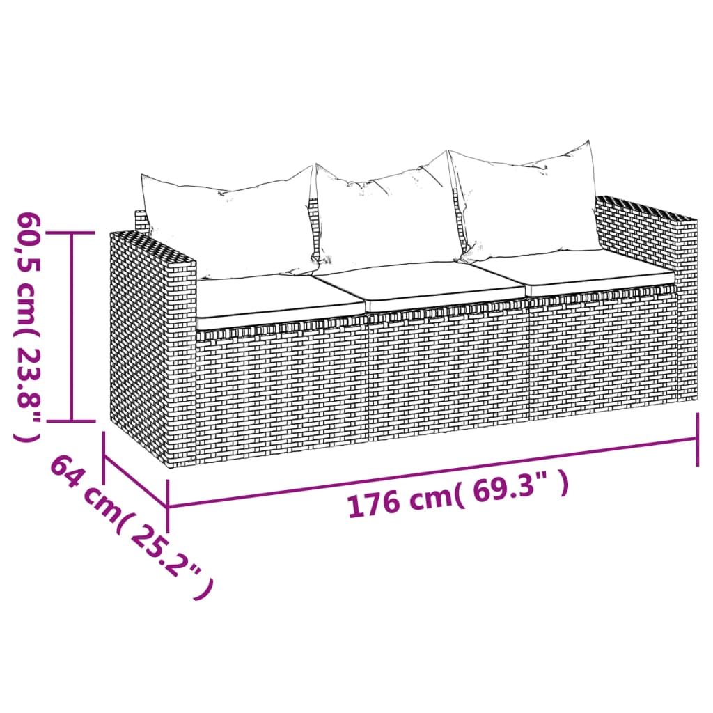 Divano da Giardino a 3 Posti con Cuscini Nero in Polyrattan 362327