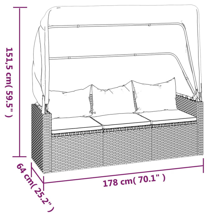 Divano Giardino 3 Posti Tetto e Poggiapiedi Grigio Polyrattan 362335