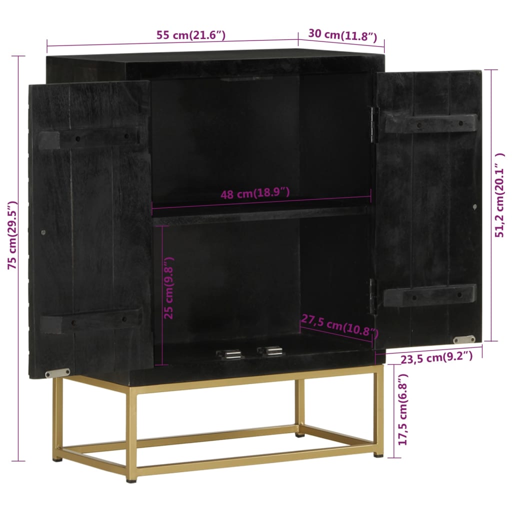 Credenza con 2 Ante Nero e Oro 55x30x75 cm Legno Massello Mango 352042