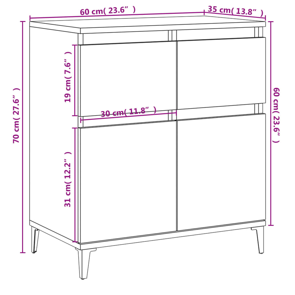 Credenza Bianco Lucido 60x35x70 cm in Legno Multistrato 819686