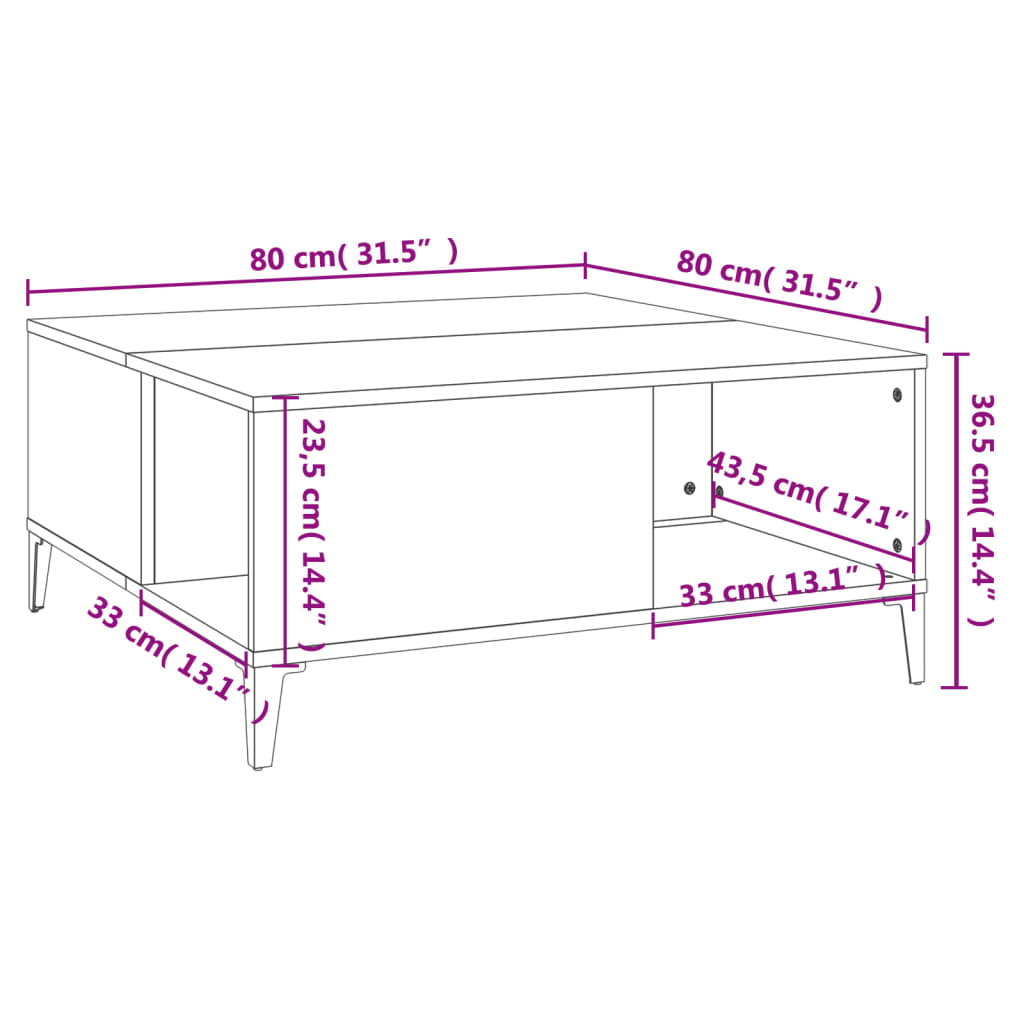 Tavolino Salotto Bianco Lucido 80x80x36,5 cm Legno Multistrato 821102