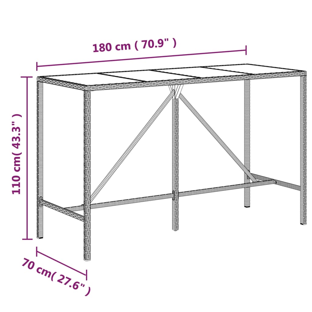 Tavolo Bar con Piano in Vetro Marrone 180x70x110 cm Polyrattan 362590