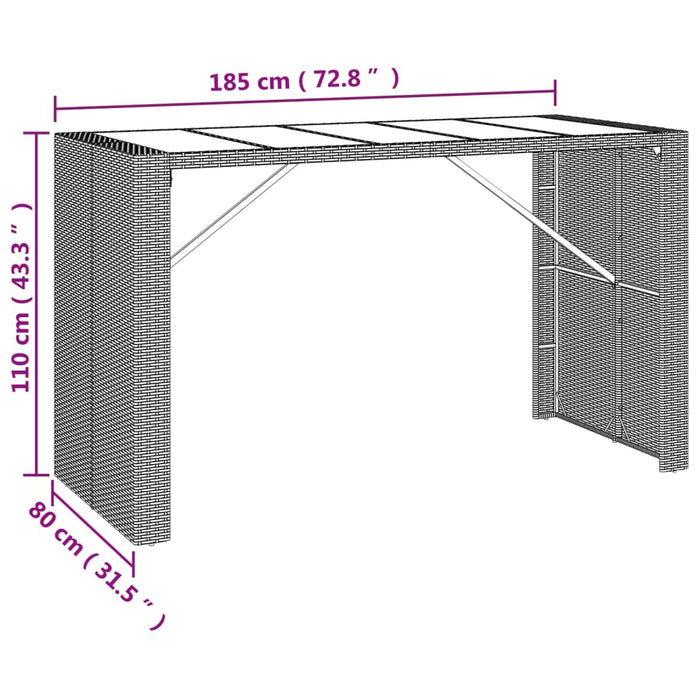 Tavolo da Bar con Piano in Vetro Grigio 185x80x110cm Polyrattan 362601