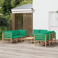 Set Salotto da Giardino 9pz con Cuscini Verdi Bambù