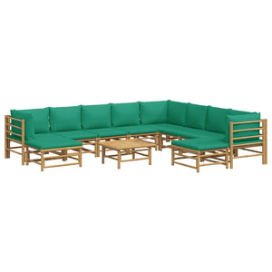 Set Salotto da Giardino 11pz con Cuscini Verdi Bambù