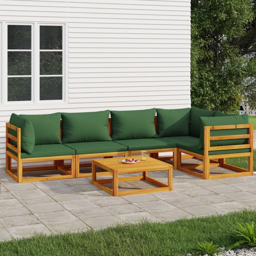 Set Salotto da Giardino 6pz con Cuscini Verdi in Legno Massello 3155332