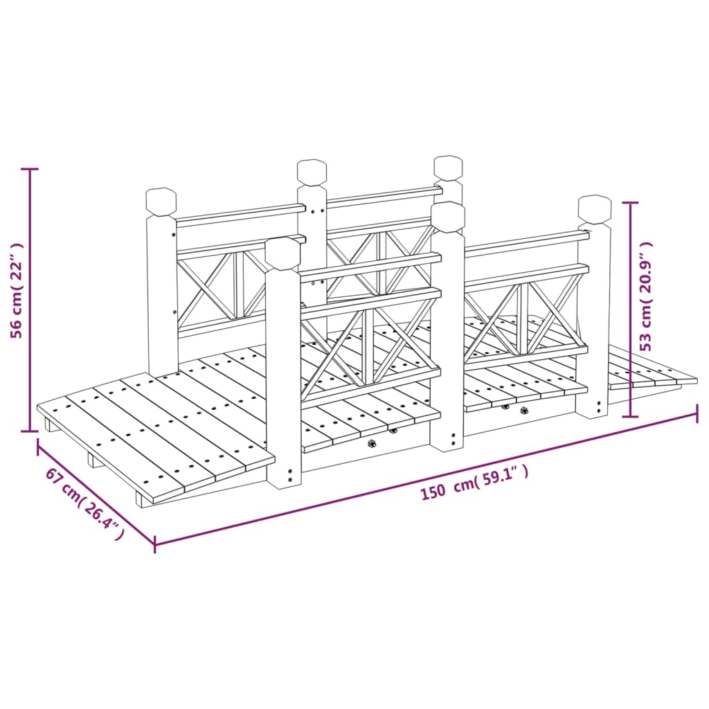 Ponte Giardino Ringhiere 150x67x56cm Legno Massello Abete Rosso 363359