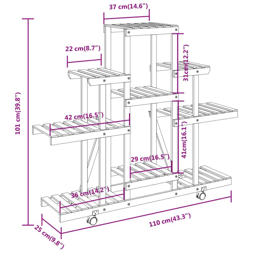 Portafiori con Ruote 110x25x101 cm in Legno Massello di Abete 362851