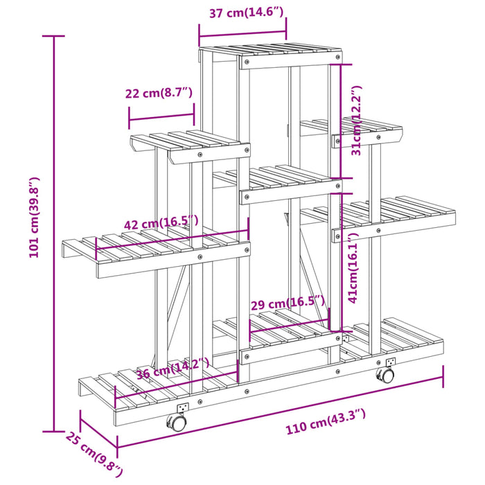 Portafiori con Ruote 110x25x101 cm in Legno Massello di Abete 362852