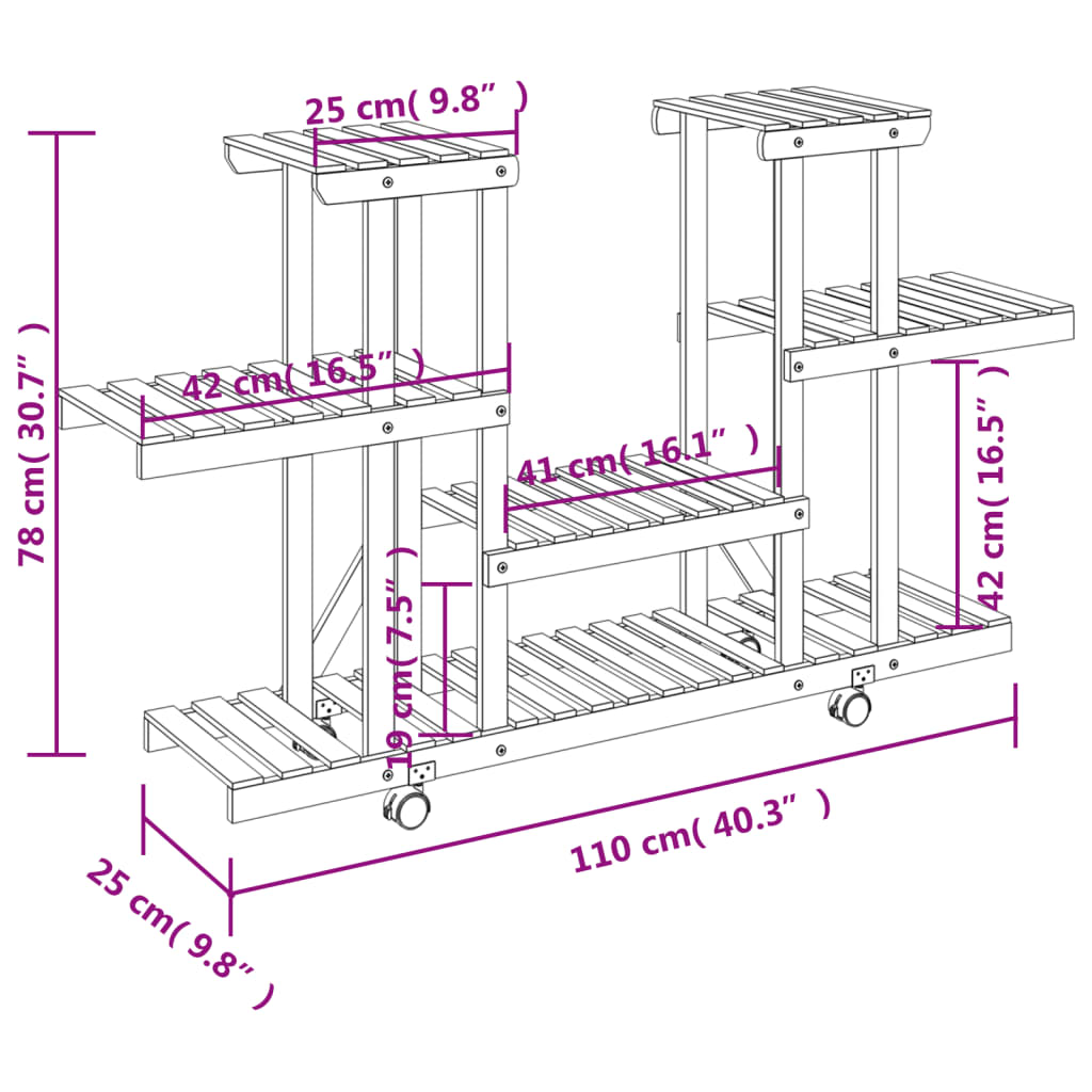 Portafiori con Ruote 110x25x78 cm in Legno Massello di Abete 362855