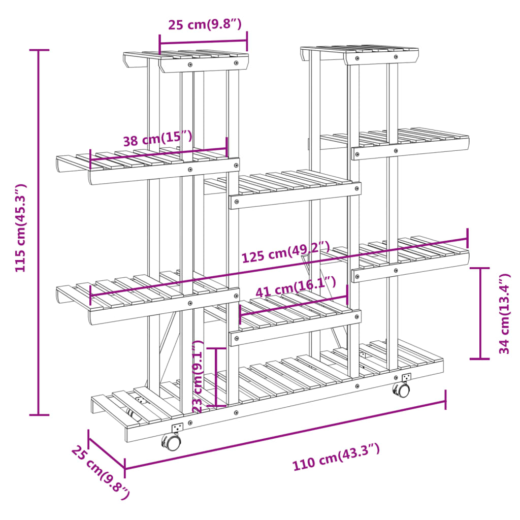 Portafiori con Ruote 110x25x115 cm in Legno Massello di Abete 362859