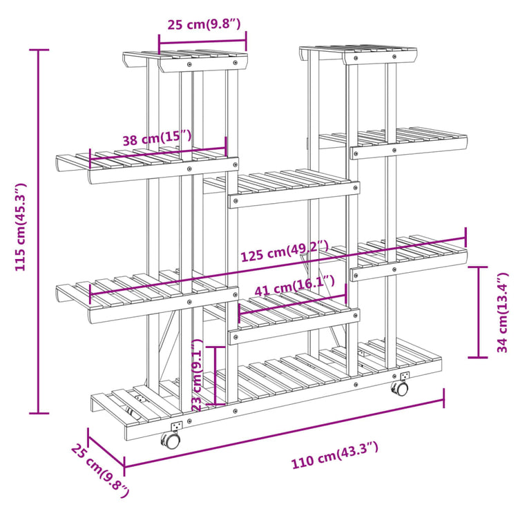 Portafiori con Ruote 110x25x115 cm in Legno Massello di Abete 362860