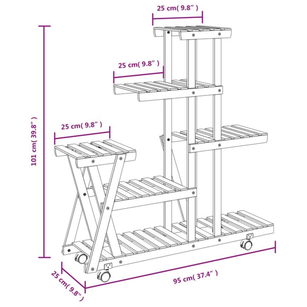 Portafiori con Ruote 95x25x101 cm in Legno Massello di Abete 362882