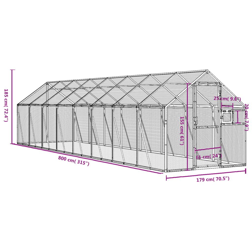 Voliera Argento 1,79x8x1,85 m in Alluminio 3155799