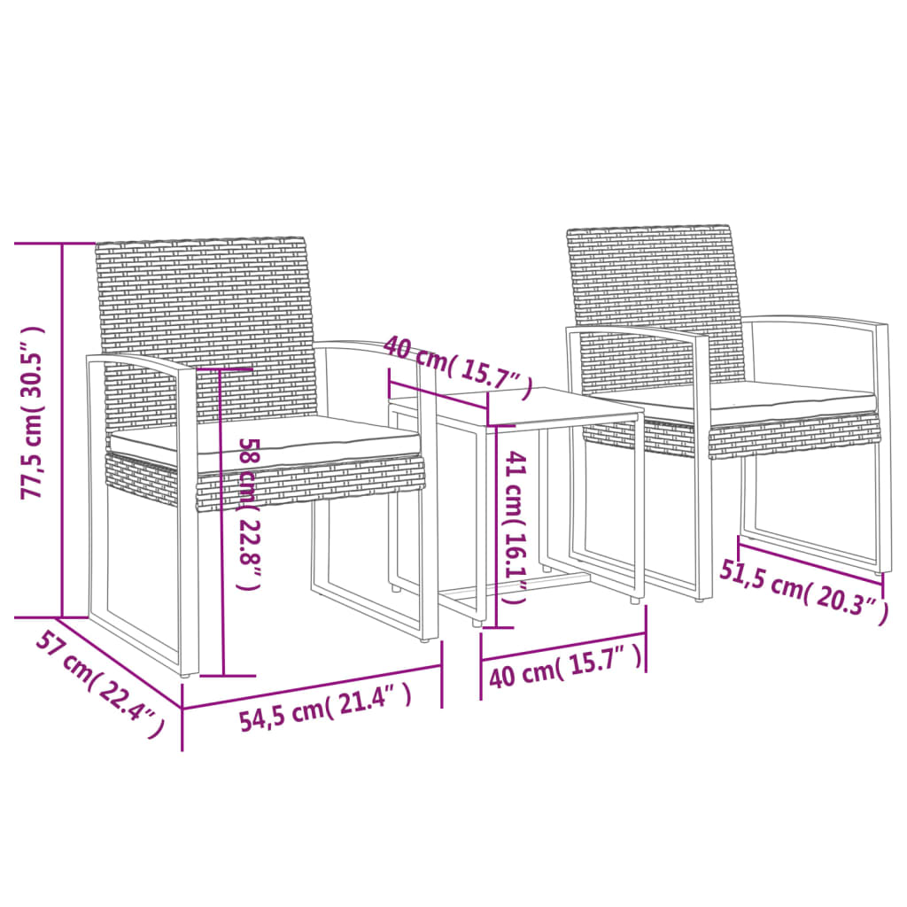 Set da Pranzo da Giardino 3 pz con Cuscini in PP Rattan Marrone 360207