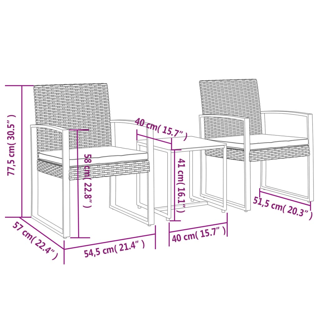 Set Pranzo da Giardino 3 pz con Cuscini Rattan PP Grigio Scuro 360208