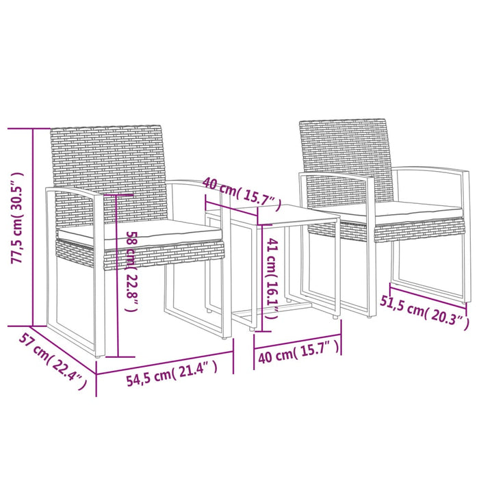 Set Pranzo da Giardino 3 pz con Cuscini Rattan PP Grigio Scuro 360208