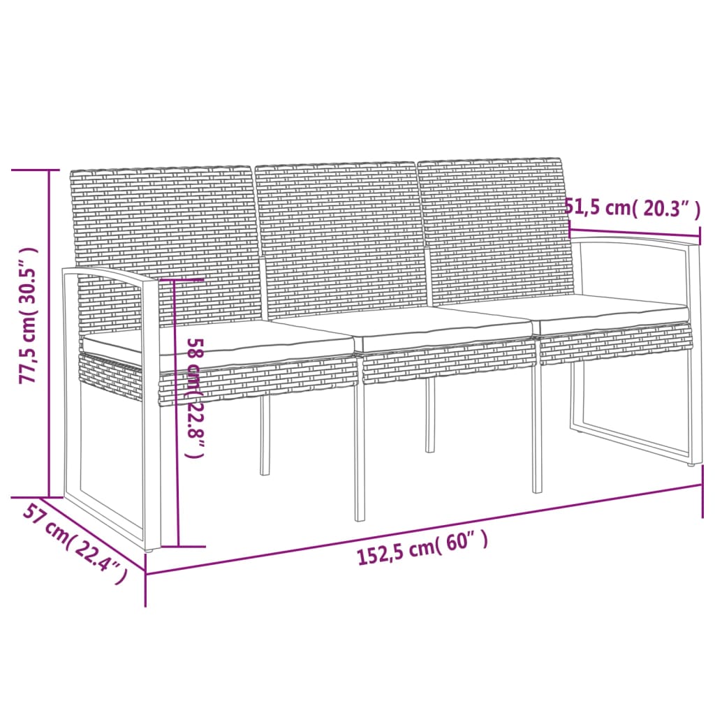 Panca da Giardino a 3 Posti con Cuscini in Rattan PP Marrone 360213