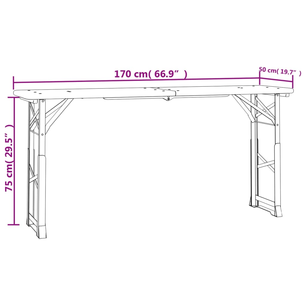 Tavolo Pieghevole Birreria 170x50x75/105cm Legno Massello Abete 363114