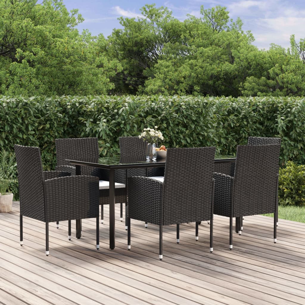 Set da Pranzo da Giardino 7 pz Nero con Cuscini in Polyrattan cod mxl 50423