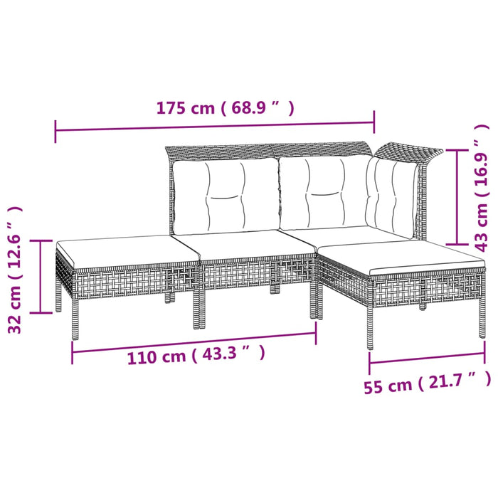 Set Divani da Giardino 4 pz con Cuscini in Polyrattan Grigio 319662