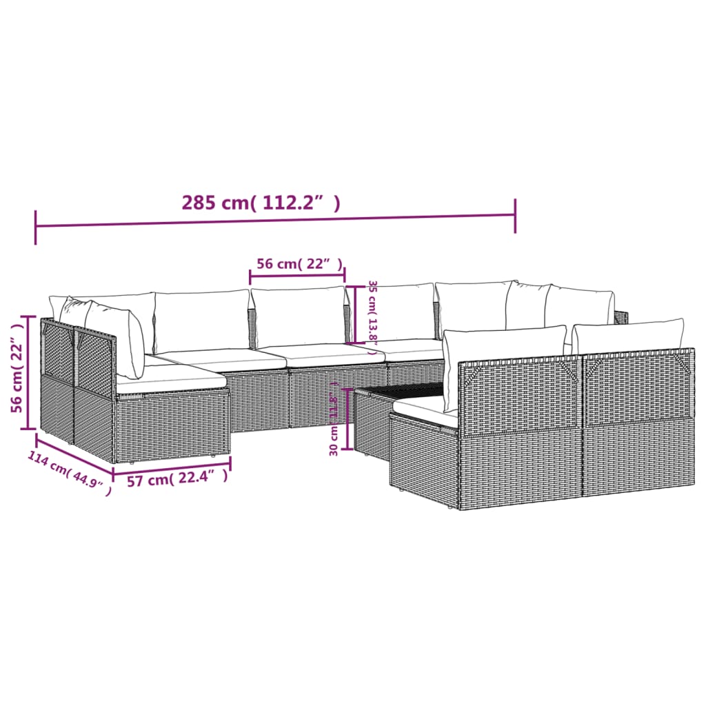 Set Divani da Giardino 10 pz con Cuscini in Polyrattan Grigio cod mxl 44818