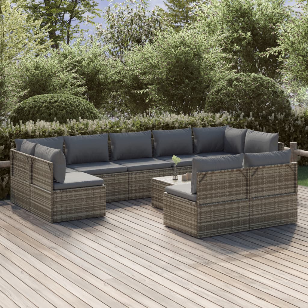 Set Divani da Giardino 10 pz con Cuscini in Polyrattan Grigio cod mxl 44818