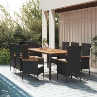 Set da Pranzo da Giardino 9 pz con Cuscini Nero in Polyrattan 3157533